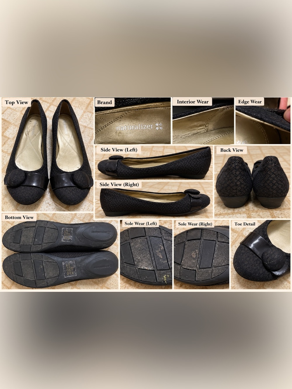 Naturalizer Women’s Black Textured Ballet Flats Bow Detail Size 7.5